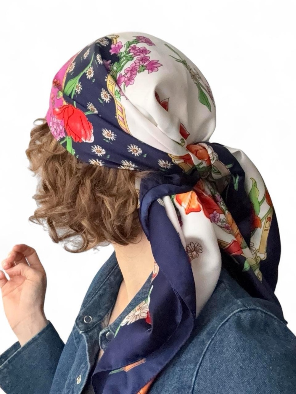 Vintage Italian Floral Navy and White Silk Headscarf